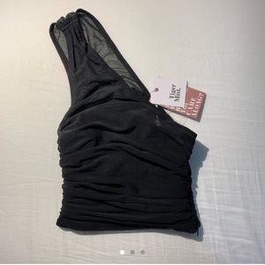 mesh ruffled one shoulder crop top